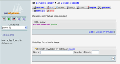 New database named joomla is succeeded in made