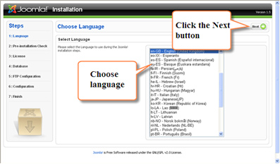 The beginning appearance of Joomla! Installation